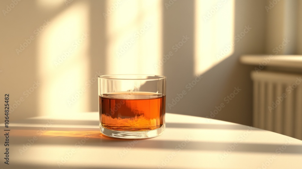 A glass of amber liquid sits on a table, illuminated by soft sunlight. A glass of amber liquid sits on a table, illuminated by soft sunlight.