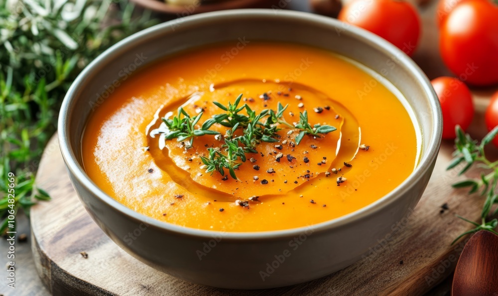 a bowl of creamy vegetable soup garnished with finely chopped herbs and drops of olive oil a bowl of creamy vegetable soup garnished with finely chopped herbs and drops of olive oil