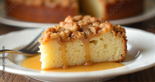 Delicious cake slice with caramel drizzle