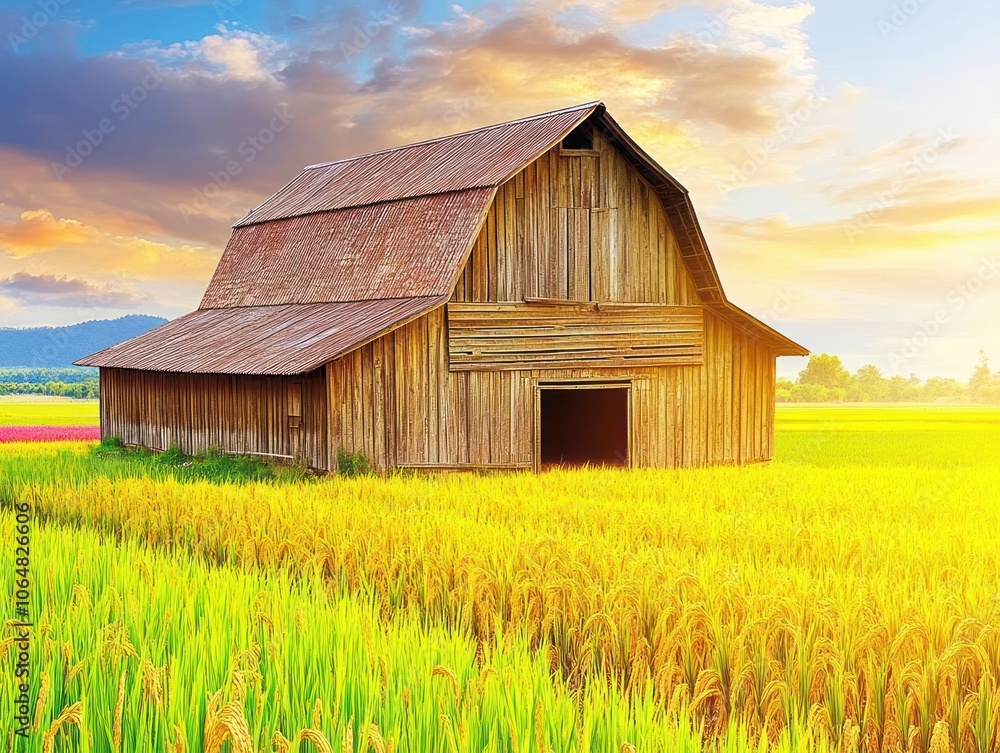 Obraz premium A rustic barn surrounded by golden fields at sunset, evoking tranquility and rural beauty.