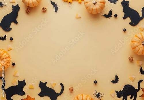 Halloween Festive Background with Black Cats, Pumpkins, and Bats
