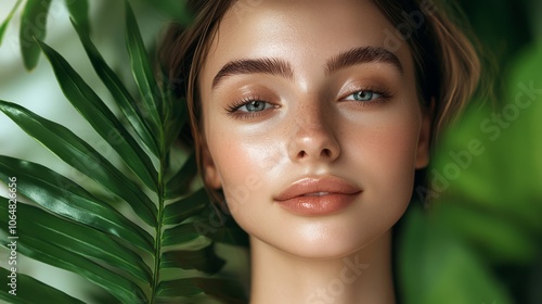 A young woman with clear, healthy skin is enjoying a facial treatment. This shows the benefits of cosmetology, beauty, and spa services.