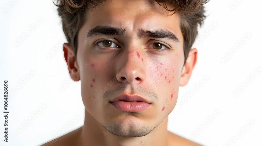 Fototapeta premium Young Man with Acne on Face Isolated on White Background