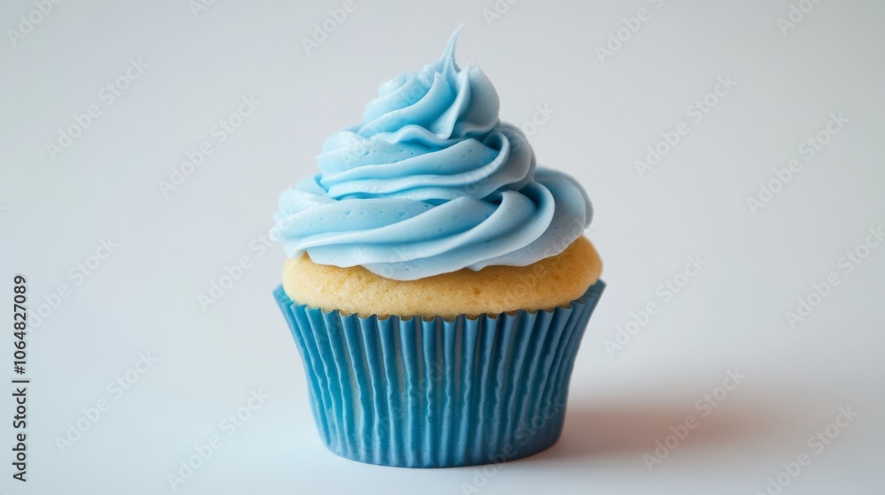 A yummy blue cupcake with light blue frosting, all by itself against a white background. A yummy blue cupcake with light blue frosting, all by itself against a white background.
