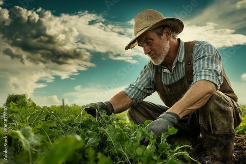 A farmer in a field, focusing on planting, tending crops, and harvesting produce.