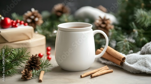 White ceramic tea mug with Christmas decoration and copy space for your design. Mockup for xmas promotional content