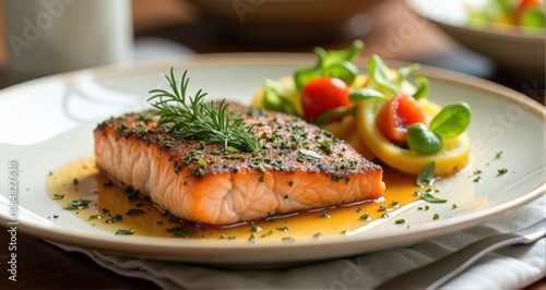 Delicious grilled salmon with herbs photo