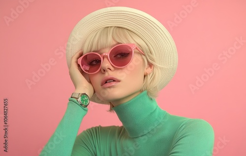 Fashionable woman in light green turtleneck, white hat and pink glasses holds mask near face on pastel background with copy space for your text or design