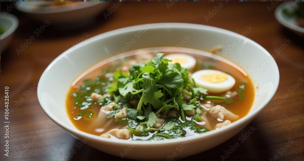 Delicious bowl of noodle soup with herbs Delicious bowl of noodle soup with herbs