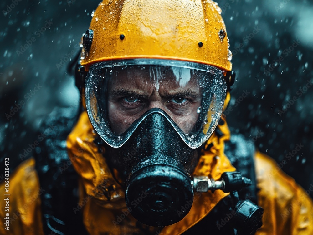 A resilient worker faces adverse weather conditions while protecting themselves with safety gear A resilient worker faces adverse weather conditions while protecting themselves with safety gear