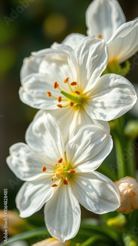 Delicate white flowers bloom in the warm sunlight