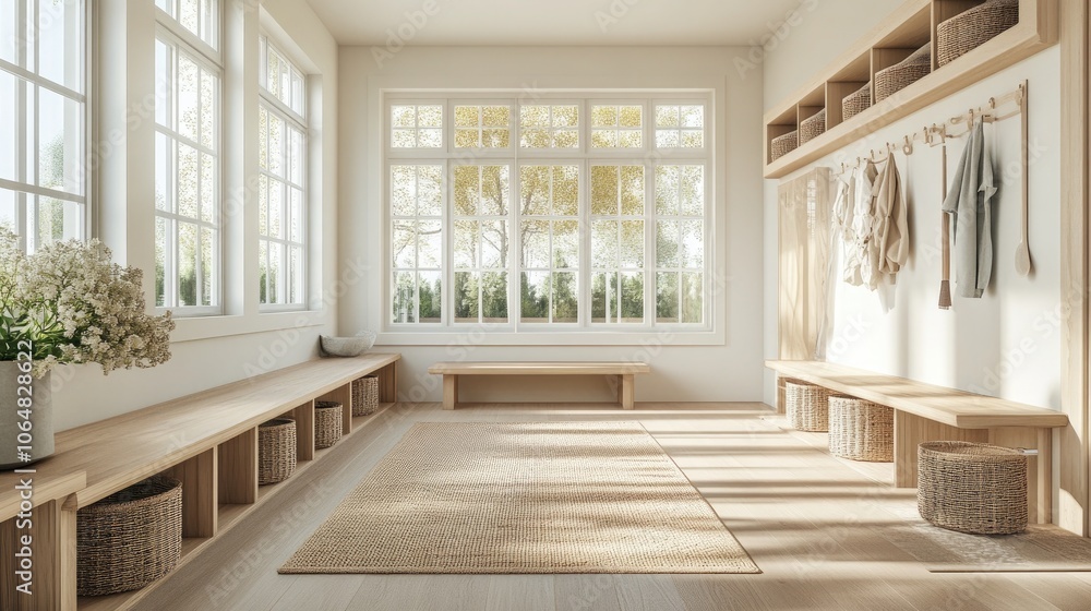 Fototapeta premium A Japandi-style mudroom with light wooden benches