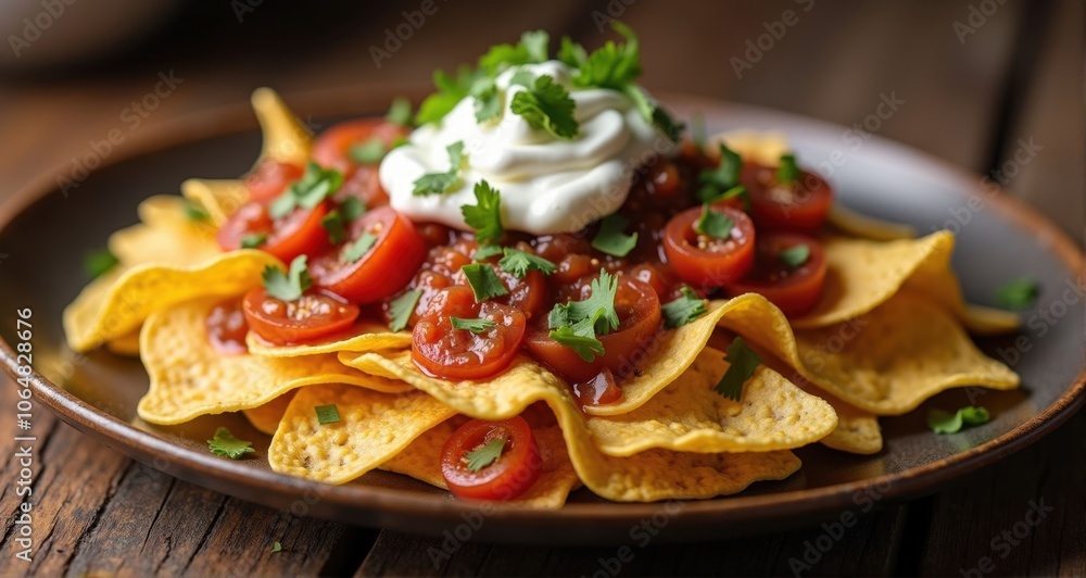 Delicious vegan nachos with toppings Delicious vegan nachos with toppings