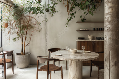 Dining room with a circular marble table, walnut wood chairs, and hanging plants, adding a modern organic touch. interior design concept 