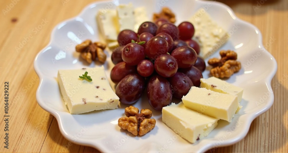 Cheese and grapes platter with walnuts Cheese and grapes platter with walnuts