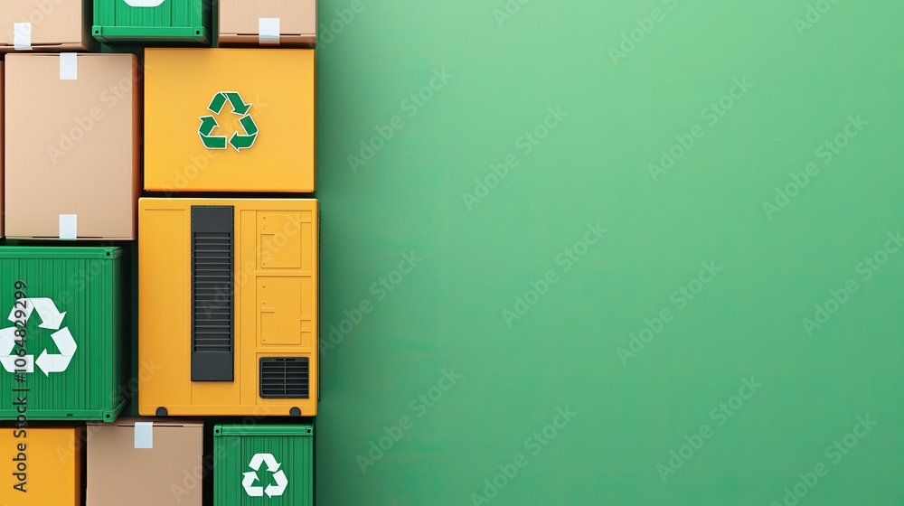 Colorful containers with recycling symbols are arranged against a green background, emphasizing sustainability and eco-friendliness. Colorful containers with recycling symbols are arranged against a green background, emphasizing sustainability and eco-friendliness.
