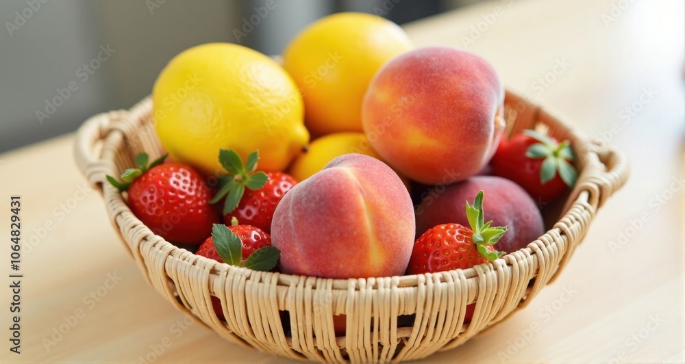 Colorful fruit basket with peaches and strawberries Colorful fruit basket with peaches and strawberries