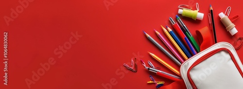 School Supplies on Red Background
