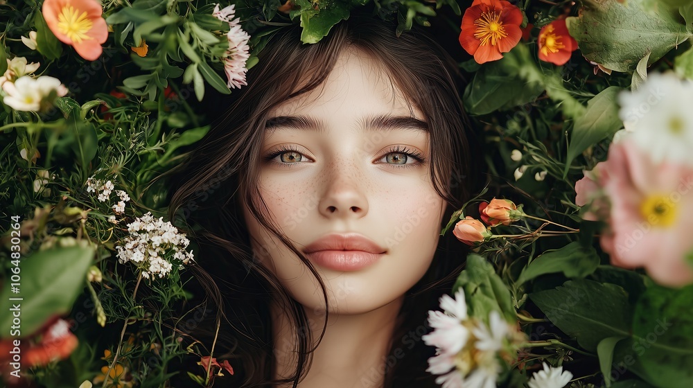 Fresh Beauty Surrounded by Colorful Flowers Fresh Beauty Surrounded by Colorful Flowers