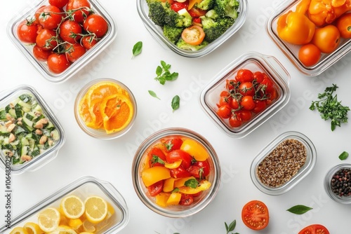 Different meals in glass containers and various food products on a white background