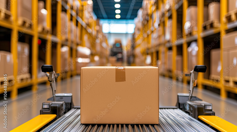 Naklejka premium A cardboard box sits on a conveyor belt in a warehouse filled with shelves of packaged goods, highlighting the logistics and packaging industry.