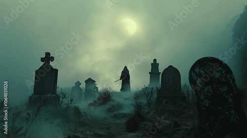 A Halloween wallpaper showing a graveyard with ancient tombstones, fog rolling over the ground, and the silhouette of a ghostly figure under a pale moonlight