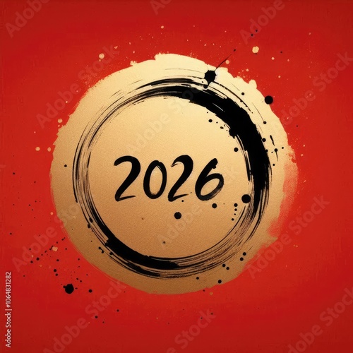 2026 New Year Gold Circle Brush Stroke on Red Background with Ink Splatter with Generative AI. photo