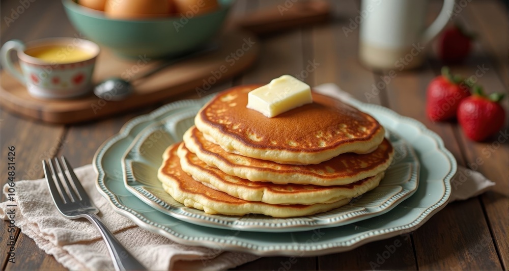 Delicious pancakes with butter and strawberries Delicious pancakes with butter and strawberries