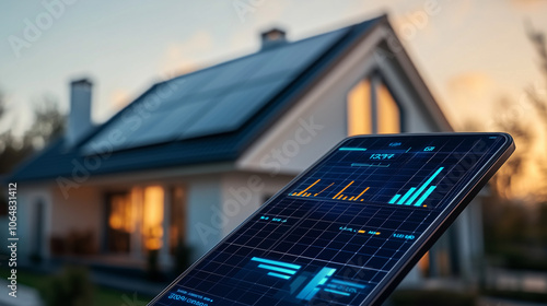 Obraz na płótnie Smart home with solar panels on the roof at sunset, displaying energy consumption data on tablet w salonie