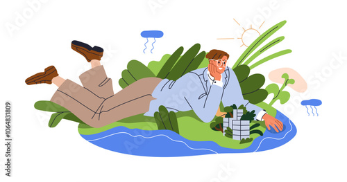 Eco-friendly sustainable lifestyle in green city. Urban environment with plants, water. Nature and ecology concept. Environment protection. Flat vector illustration isolated on white background