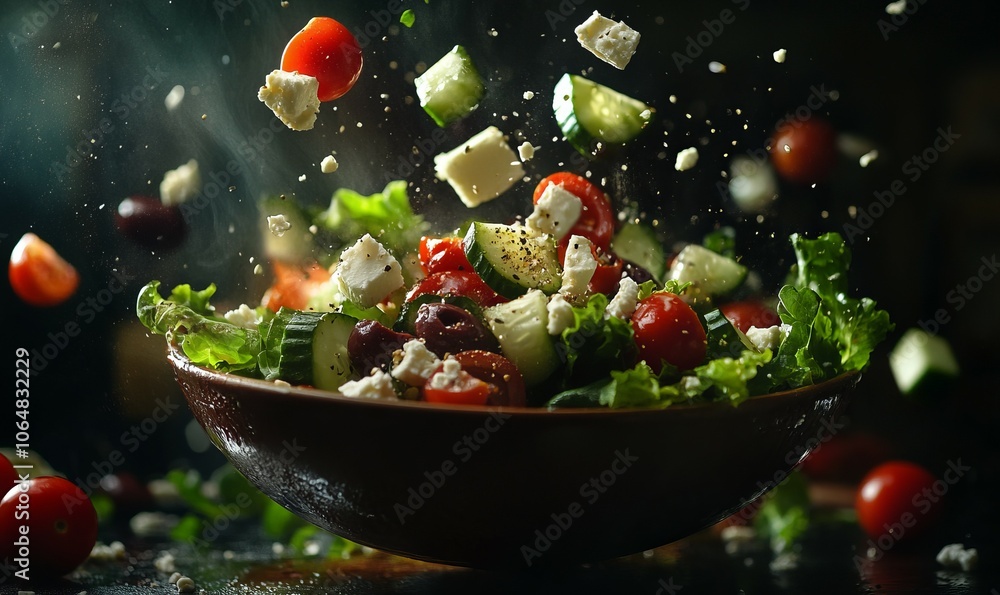A dynamic image showing a Greek salad being tossed in a bowl, with fresh ingredients like lettuce, tomatoes, olives, cucumbers, and feta cheese mid-ai. A dynamic image showing a Greek salad being tossed in a bowl, with fresh ingredients like lettuce, tomatoes, olives, cucumbers, and feta cheese mid-ai.