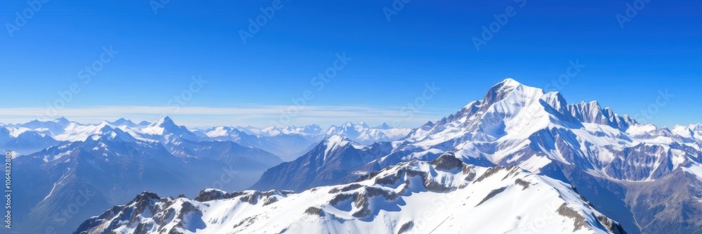 Panoramic view of Mont Blanc mountain range with snow-covered peaks and blue sky, Mont Blanc, hiking Panoramic view of Mont Blanc mountain range with snow-covered peaks and blue sky, Mont Blanc, hiking