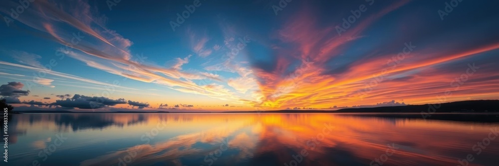 Scenic view of sun setting over a calm lake, with vibrant colors reflecting in the water, beauty, sunset Scenic view of sun setting over a calm lake, with vibrant colors reflecting in the water, beauty, sunset