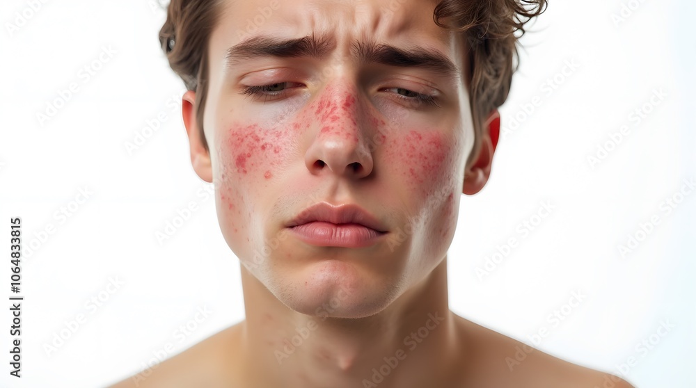Young Man with Acne on Face Isolated on White Background Young Man with Acne on Face Isolated on White Background
