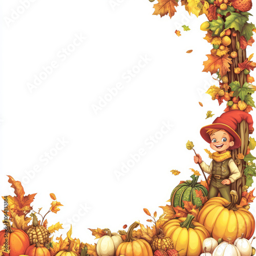 Autumn Pumpkin ,Thanksgiving ,Fall Leaf Orange Vector Harvest Leaves Illustration Frame Food Border Holiday Season Nature Pumpkins Vegetable Design Decoration Plant October Yellow Crop,Generated By Ai photo