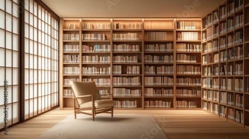 A Japandi home library featuring floor-to-ceiling wooden bookshelves