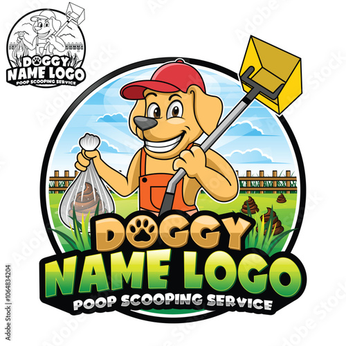 Modern dog poop removal pet logo design. Mascot dog poop scoop logo cartoon dog with a spade grass. Pet logo design
