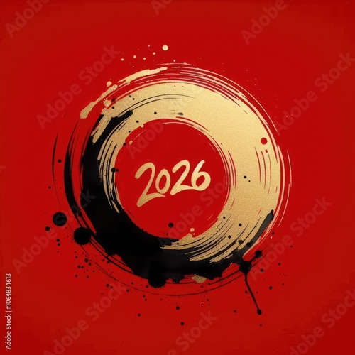 2026 New Year Gold Circle Brush Stroke on Red Background with Ink Splatter with Generative AI. photo