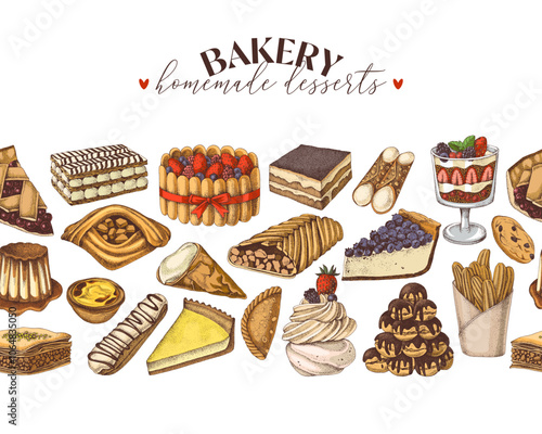 Bakery horizontal seamless border with pastry
