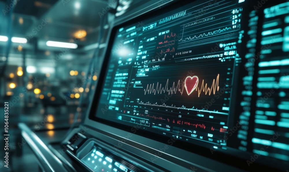 A heart rate monitor screen displays real-time data in a high-tech medical facility, showcasing vital signs and health metrics of a monitored patient A heart rate monitor screen displays real-time data in a high-tech medical facility, showcasing vital signs and health metrics of a monitored patient
