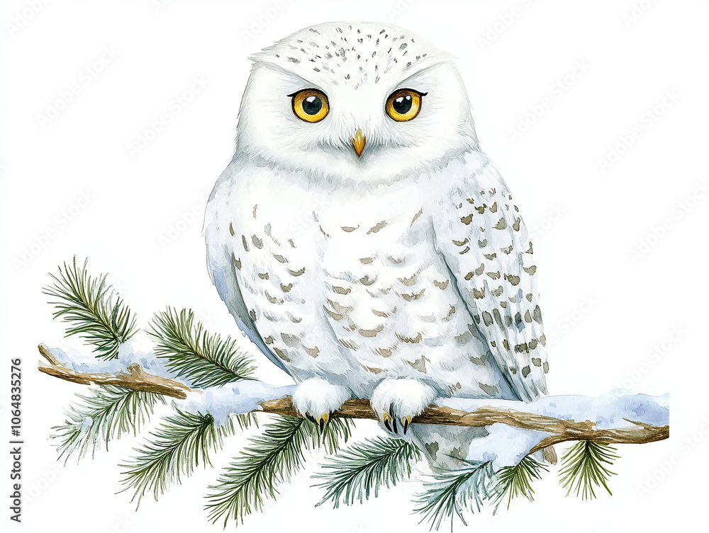 Fototapeta premium cozy watercolor style snowy owl perched on snowy branch, showcasing its striking yellow eyes and detailed feathers. This charming illustration captures essence of winter wildlife beautifully