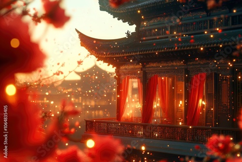 masterpiece, best quality, The magnificent Huayue Xianghui building shining with golden light under candle illumination, red silk drapes, with generative ai photo