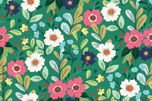 Seamless floral pattern, liberty ditsy print of pretty cartoon flowers. Cute botanical design, summer meadow: large and small hand drawn flowers, leaves on a green field. Colorful vector illustration.