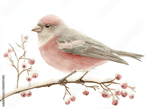 cozy watercolor style winter linnet perched on branch with berries, showcasing soft pink and gray feathers. This charming bird adds touch of warmth to winter scene