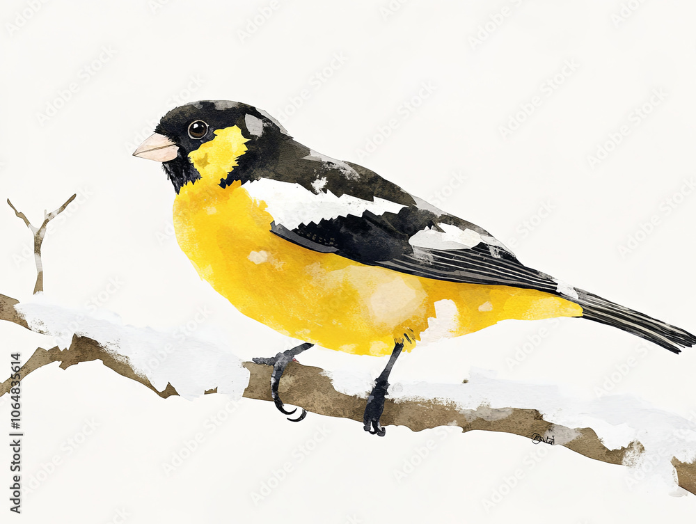 Obraz premium friendly evening grosbeak perched on snowy branch, showcasing its vibrant yellow and black plumage. This watercolor style illustration captures beauty of nature