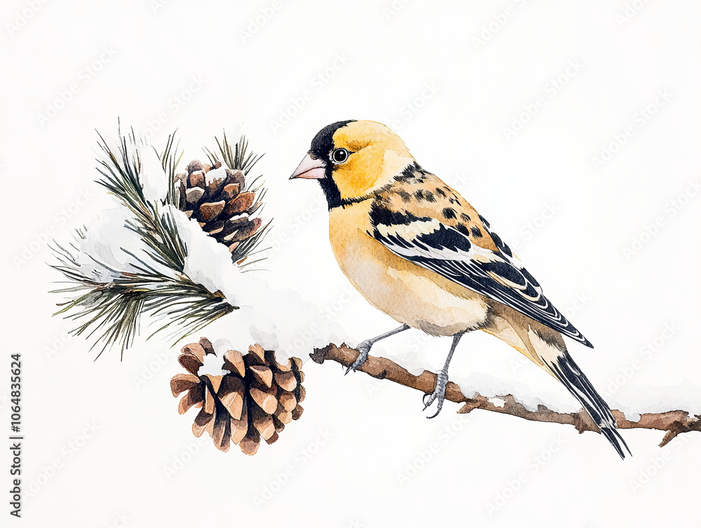 Fototapeta premium friendly watercolor style goldfinch perched on snowy pine branch, surrounded by pine cones, showcasing its vibrant yellow and black plumage