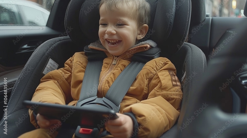 Young boy enjoys safe travel in car seat while engaged with digital tablet entertainment