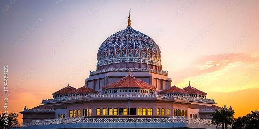 A beautifully designed mosque with a large dome at sunset. A beautifully designed mosque with a large dome at sunset.