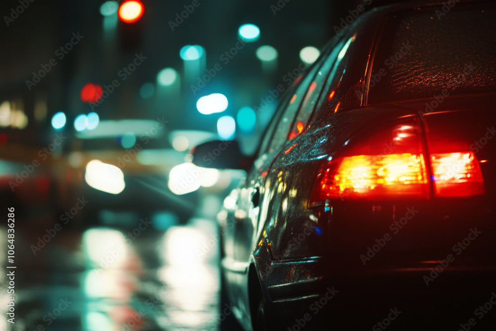 Rear view of modern car with illuminated tail lights at night. Vehicle with with glowing lights on city street Rear view of modern car with illuminated tail lights at night. Vehicle with with glowing lights on city street