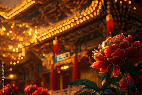 masterpiece, best quality, The magnificent Huayue Xianghui building shining with golden light under candle illumination, red silk drapes, with generative ai photo